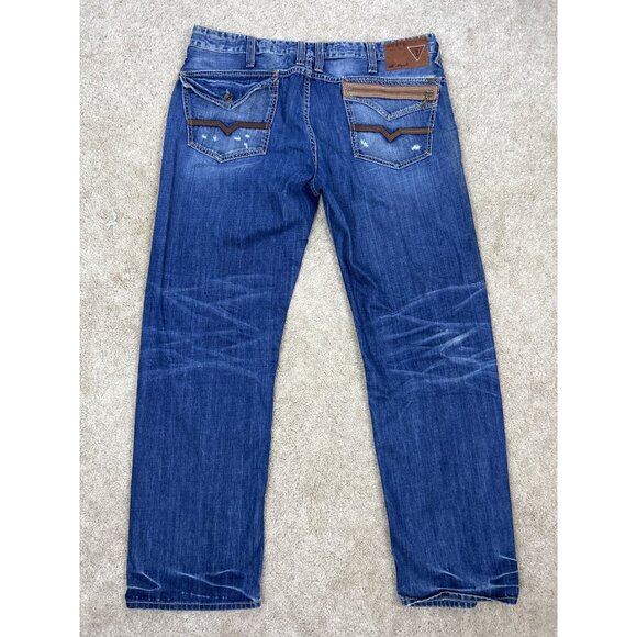 Vtg Guess Premium Rebel Jeans Men's 40x32 Straight Fit Blue Distressed Zip Poc - Picture 8 of 12